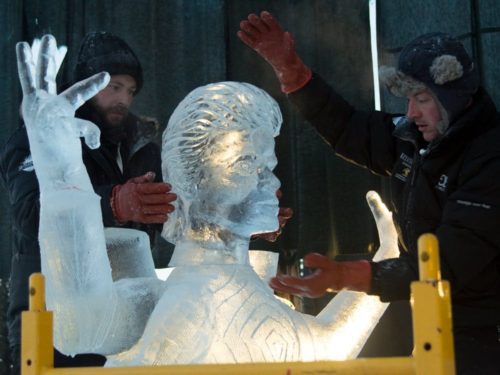 Ice sculptors work on David Bowie ice sculpture